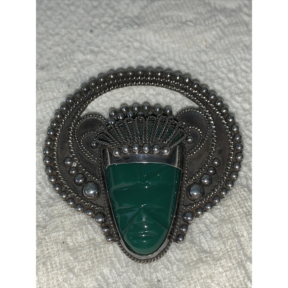 Carved‎ Mexico Green Onyx Aztec Maya Face Tribal Sterling Silver Brooch Pin VTG